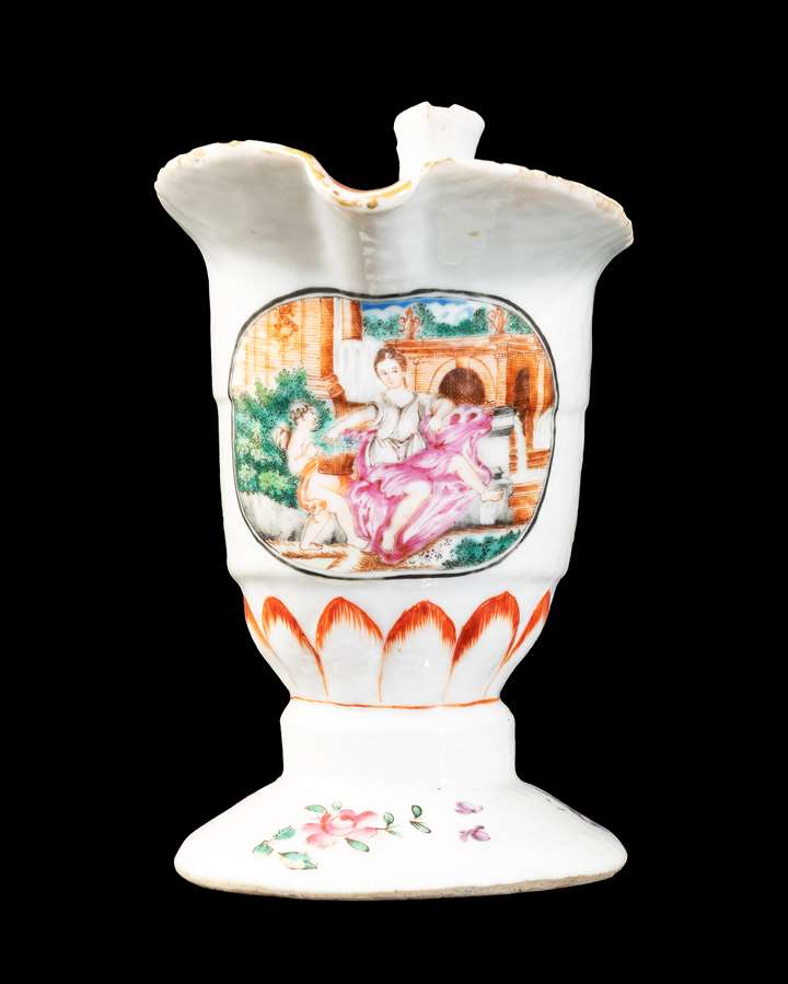 GG: Chinese export porcelain famille rose 'helmet' jug with European Subject design of Flora and Cupid